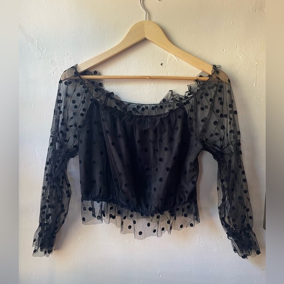 SHEIN Tops - SHEIN Black Lace Polka Dot Sheer Crop Top Size Large